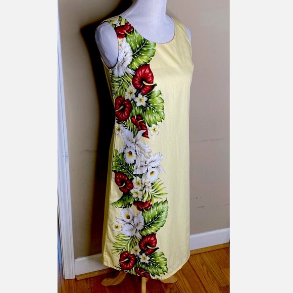 KY's Yellow Tropical Floral Anthurium Orchid Havaiian Midi Tank Dress - Picture 4 of 16